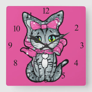 Horloge Carrée Cute Kawaii Kitten avec une Parties scintillant Ar