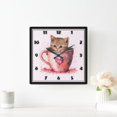 Horloge Carrée Cute Kitten dans un Teacup avec les coeurs (Maison)
