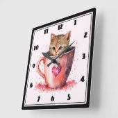 Horloge Carrée Cute Kitten dans un Teacup avec les coeurs (Angle)