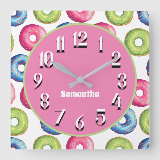 Horloge Carrée Cute Personalized Pink Blue Green Doughnuts (Recto)