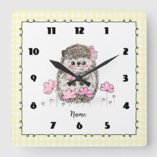 Horloge Carrée Cute petit hérisson Personnalisé Jaune