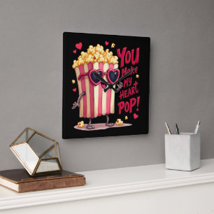 Horloge Carrée Cute Popcorn Valentine Vous Faites Mon Coeur Pop!