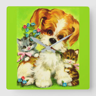 Horloge Carrée cute puppy and smiling kittens