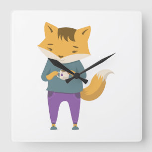 Horloge Carrée Cute renard avec tasse de thé