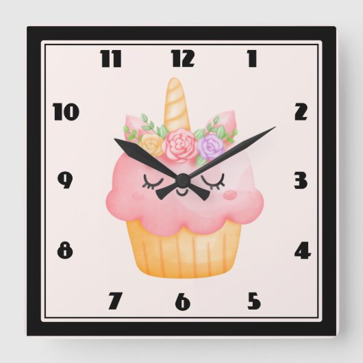 Horloge Carrée Cute rose Cupcake Unicorn avec Rose (Recto)