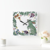 Horloge Carrée Cute Rustique Turquoise lapin lapin Lapin Flore Ca (Maison)