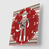 Horloge Carrée Cute Sock Monkey on Red Circle Red Brown Stripes (Angle)