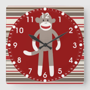 Horloge Carrée Cute Sock Monkey on Red Circle Red Brown Stripes