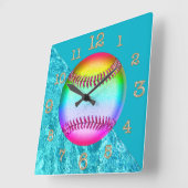 Horloge Carrée Cute Turquoise Softball Wall Clock (Angle)