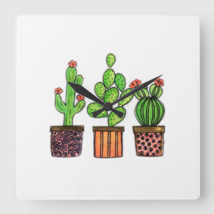 Horloge Carrée Cute Watercolor Cactus