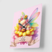 Horloge Carrée Cute Whimsical Floral Doux Rêves Dormir Fée (Angle)