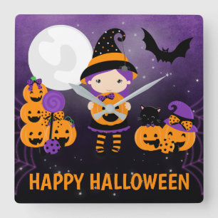 Horloge Carrée Cute Witch Girl and Pumkins Happy Halloween