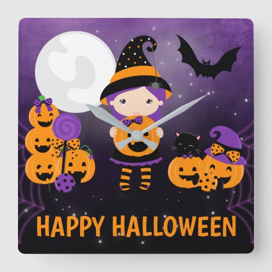 Horloge Carrée Cute Witch Girl and Pumpkins Happy Halloween (Recto)