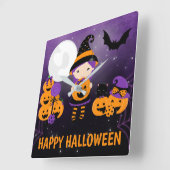 Horloge Carrée Cute Witch Girl and Pumpkins Happy Halloween (Angle)