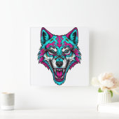 Horloge Carrée Cyberpunk Neon Wolf - Synthwave Robotic Animal (Maison)