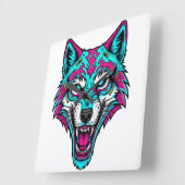 Horloge Carrée Cyberpunk Neon Wolf - Synthwave Robotic Animal (Angle)