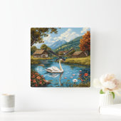 Horloge Carrée Cygne sur le lac (Maison)