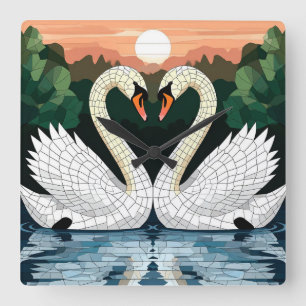 Horloge Carrée Cygnes Romantiques Amoureux Oiseaux Élégant Décor
