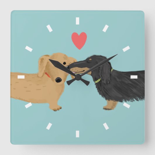 Horloge Carrée Dachshund Baiser avec coeur | Wiener Dogs Love (Recto)