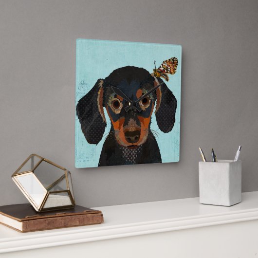 HORLOGE CARRÉE DACHSHUND & BUTTERFLY (Bureau)