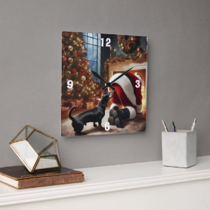 Horloge Carrée Dachshund et Père Noël