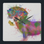 Horloge Carrée Dachshund & Lunettes Rainbow Splash<br><div class="desc">Cette impression d'aquarelle présente un portrait coloré d'un dachsund dans des lunettes turquoises ornées de fleurs | Par Fab Funky</div>