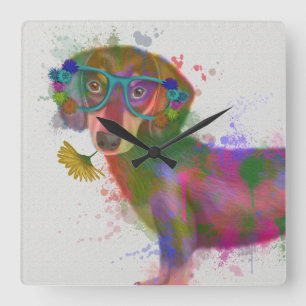 Horloge Carrée Dachshund & Lunettes Rainbow Splash