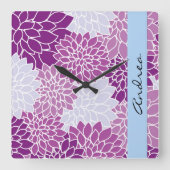 Horloge Carrée Dahlia Fleurs, Dahlia Violet, Votre Nom (Front)