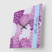 Horloge Carrée Dahlia Fleurs, Dahlia Violet, Votre Nom (Angle)