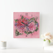 Horloge Carrée Dahlias flowers pink watercolor pattern (Maison)