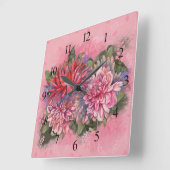 Horloge Carrée Dahlias flowers pink watercolor pattern (Angle)