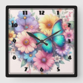 Horloge Carrée Daisy Flowers with a Beautiful Butterfly (Recto)