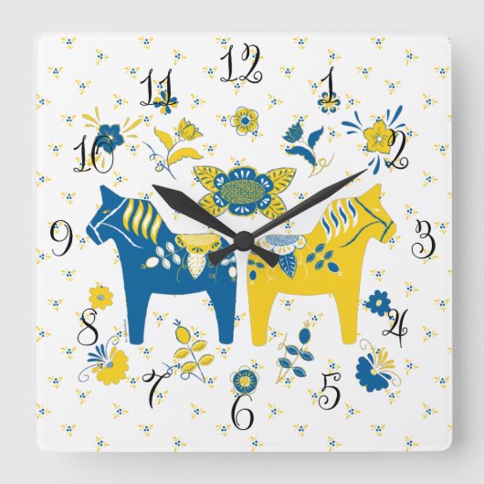 Horloge Carrée Dala folklorique suédoise Cheval le bleu et jaune (Recto)