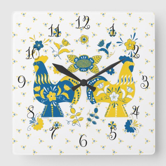 Horloge Carrée Dala populaire suédoise Rooster l bleu et jaune (Recto)