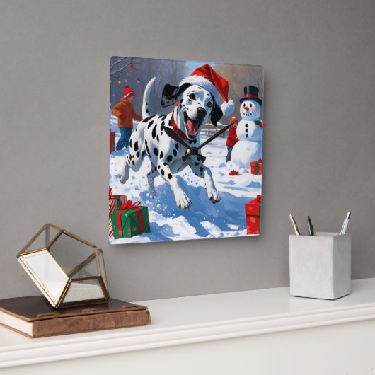 Horloge Carrée Dalmatienne coule dans la neige avec Casquette de (Bureau)