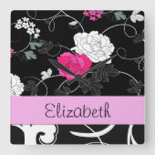 Horloge Carrée Damas, Fleurs, Noir et Blanc, Votre nom (Recto)