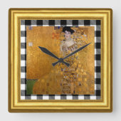 Horloge Carrée Dame Adele en or, Gustav Klimt encadré, À damiers (Recto)