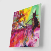 Horloge Carrée DAME AVEC CHAT NOIR / Mascarade vénitienne (Angle)