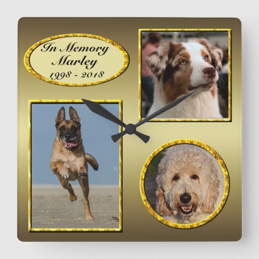 Horloge Carrée Dans Memory 3 Photo Dog Memorial Gold Collage (Recto)