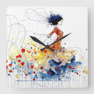 Horloge Carrée Danseuse de flamenco en mouvement multicolore flui