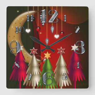 Horloge carrée d'arbres et de babioles de Noël