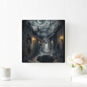 Horloge Carrée Dark Haunted fantasy Corridor with Moonlit Sky (Maison)