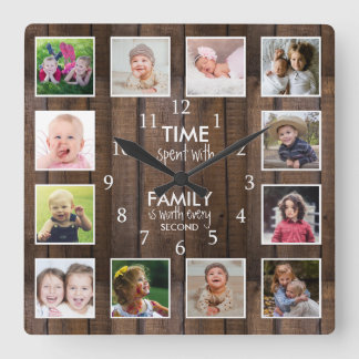 Horloge Carrée Dark Wood 12 Photo Template Time Family Quote