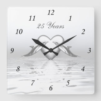 Horloge Carrée Dauphins et cœur pour les noces d'argent