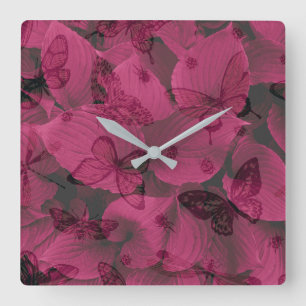 Horloge Carrée De Belles Papillons Sur Un Motif De Feuille Rose
