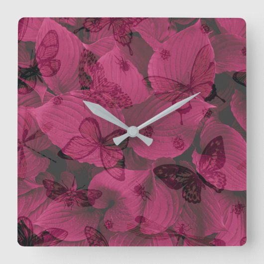 Horloge Carrée De Belles Papillons Sur Un Motif De Feuille Rose (Recto)