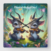 Horloge Carrée De mignons saolas jouent aux violons dans une forê (Recto)