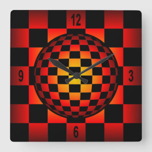 Horloge Carrée ~ de noir de ~ de damier de ~ d'échecs de globe et