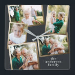Horloge Carrée Décor de maison familiale multi-photo moderne et d<br><div class="desc">Carte de vacances famille multi-photo or moderne.</div>