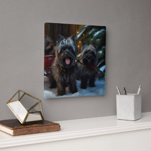 Horloge Carrée Décor de Noël Affenpinscher Promenade en Traîneau